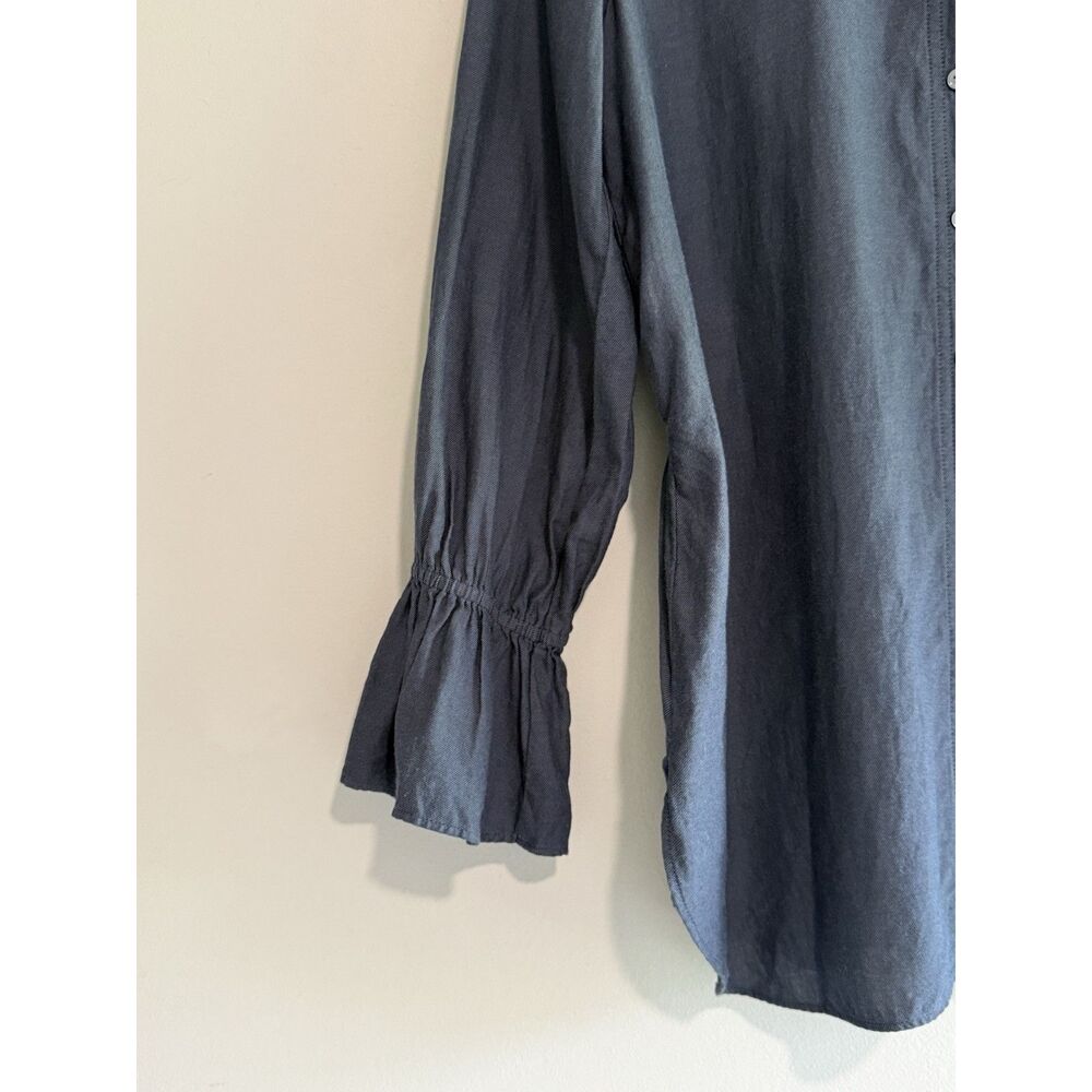 Loft Cotton Navy Top Long Sleeve Flutter Ruched Ruffle Flared Nautical Button M - Picture 3 of 15